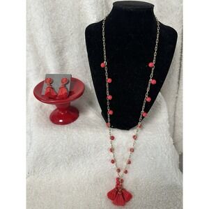 NWT Talbots Red Necklace & Earring Set Beaded Tassel Pendant Gold Tone Christmas